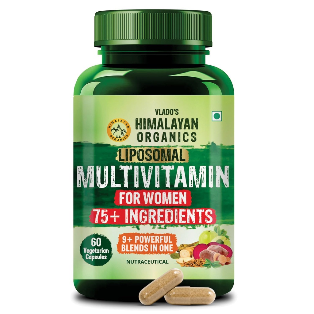 Vlado’s Himalayan Organics Liposomal Multivitamin for Women with 75+ Ingredients | Vitamin B1, B2, B3, B5, B6, B9, B12, C, D3, E, K2, Biotin, Calcium, Magnesium, Iron, Zinc | 9+ Powerful Blends | Energy, Immunity, Hair Skin & Nails Support | 60 Veg Capsules