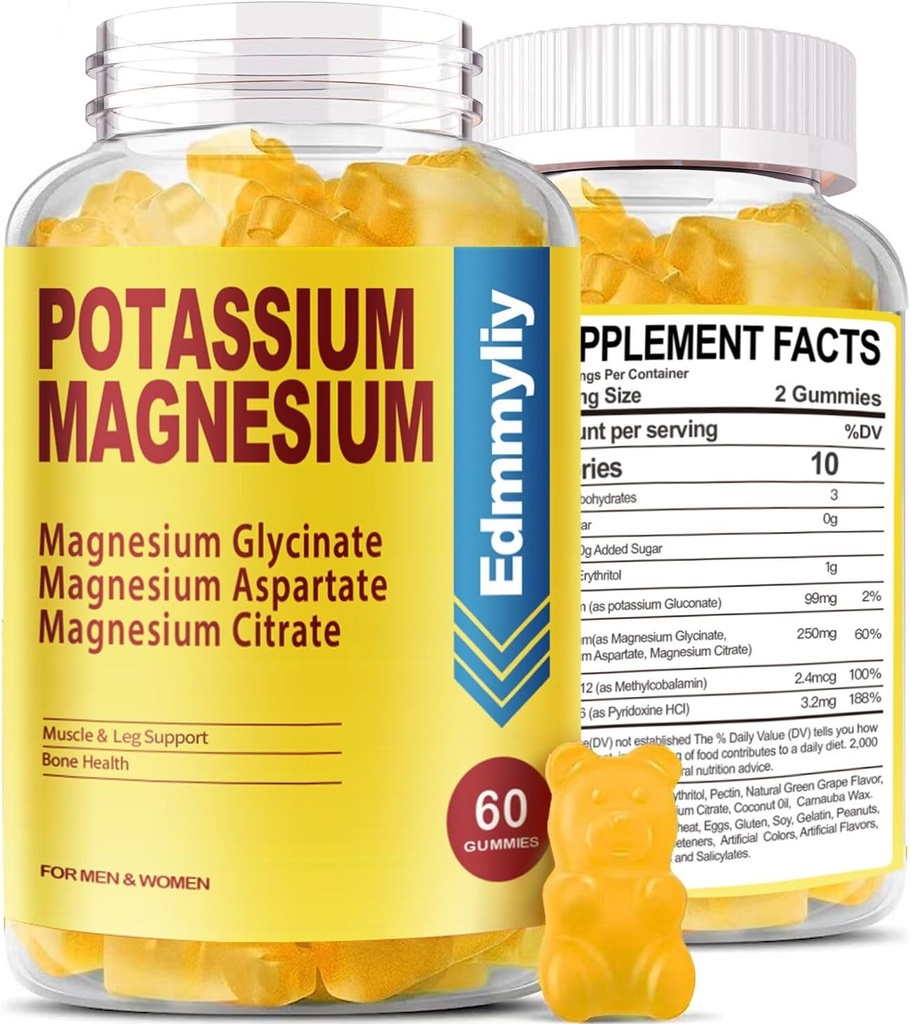 Kalium Magnesium Supplement Gummies voor volwassenen Hoge Absorptie Kalium Gluconaat 99mg Magnesium Citrate 250mg met vitamine B6 B12 Ondersteunt Mood, Energie, Spierontspanning, Bot Gezondheid, Suikervrij