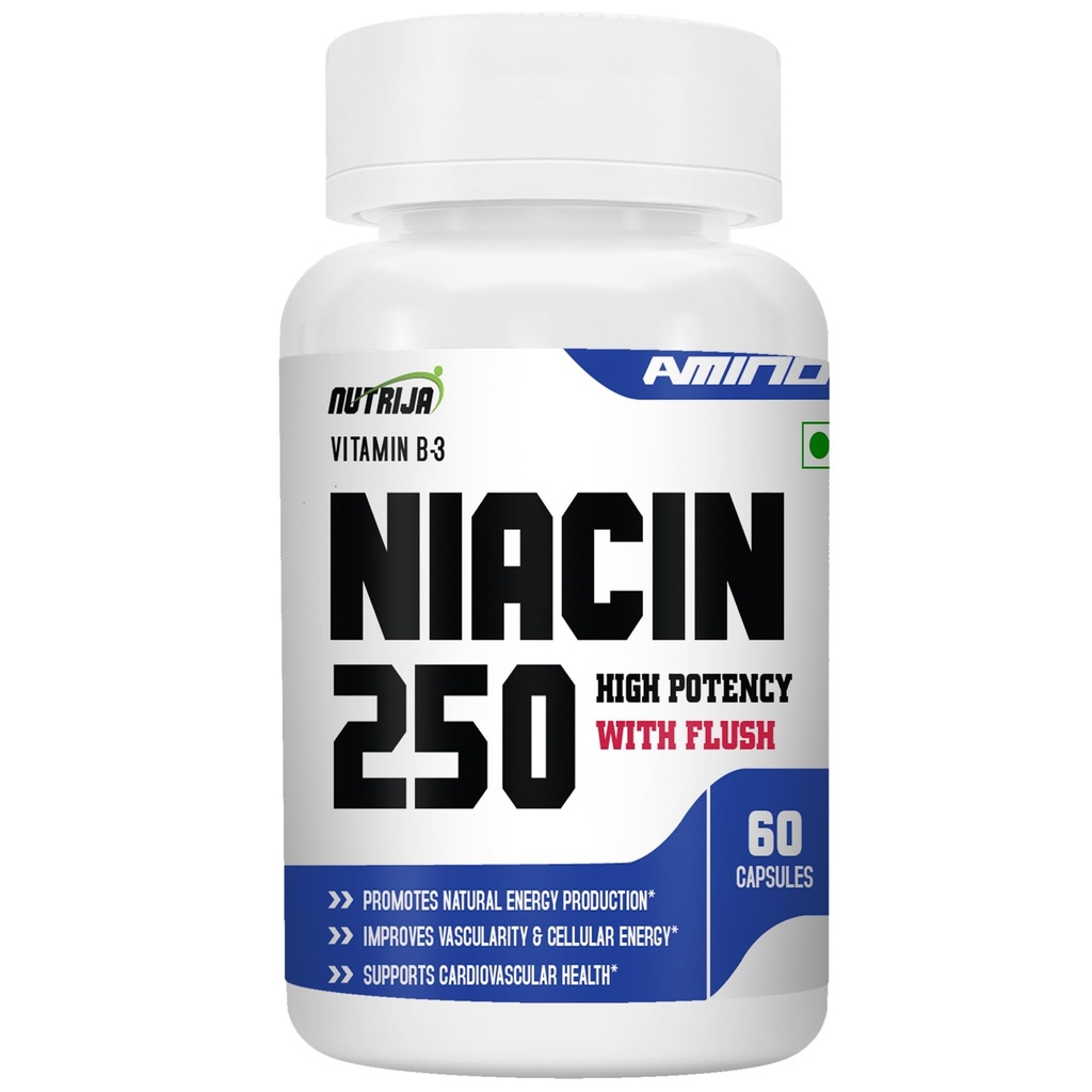 NutriJa Niacin 250 Vitamin B3 (Nicotinic Acid) with Flush | for Vascularity & Increase Cellular Energy- 60 Capsules