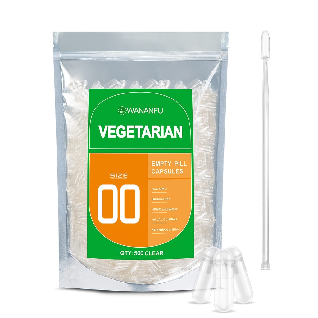 wananfu Maat 00 Lege capsules Vegetarisch (500 Tel) Bundel met Micro Lab Lepel, Wis Vulbare Veggie Pill Capsules 00 voor het maken van uw eigen supplementen