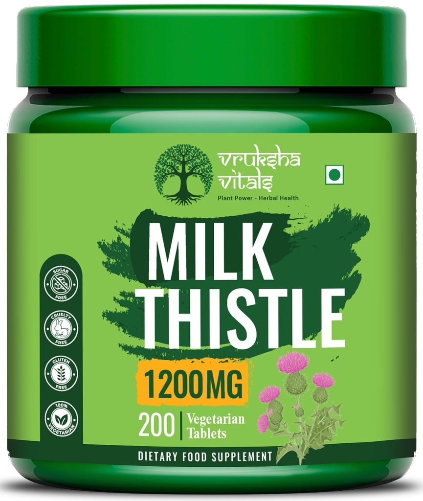 Vruksha Vitals Milk Thistle 1200 mg - 200 Liver Detox Tablets/Capsules - Liver Support Supplement - Silymarin Flavonoids Extract Powder