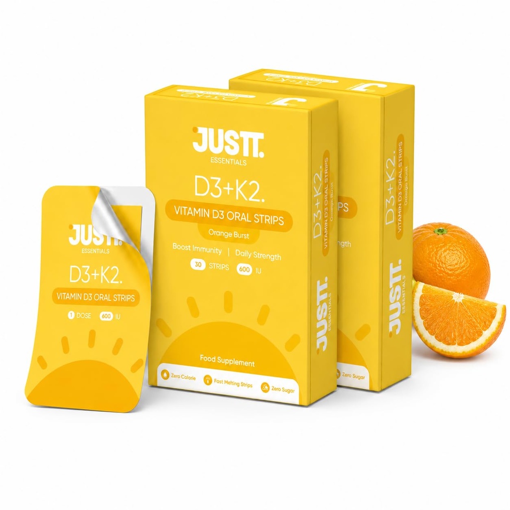 Justt Essentials D3+K2 Vitamin D3 Oral Strips (Pack of 2), 600 IU, Orange Burst Flavour, Fast Dissolving, Sugar-Free, 60 Strips