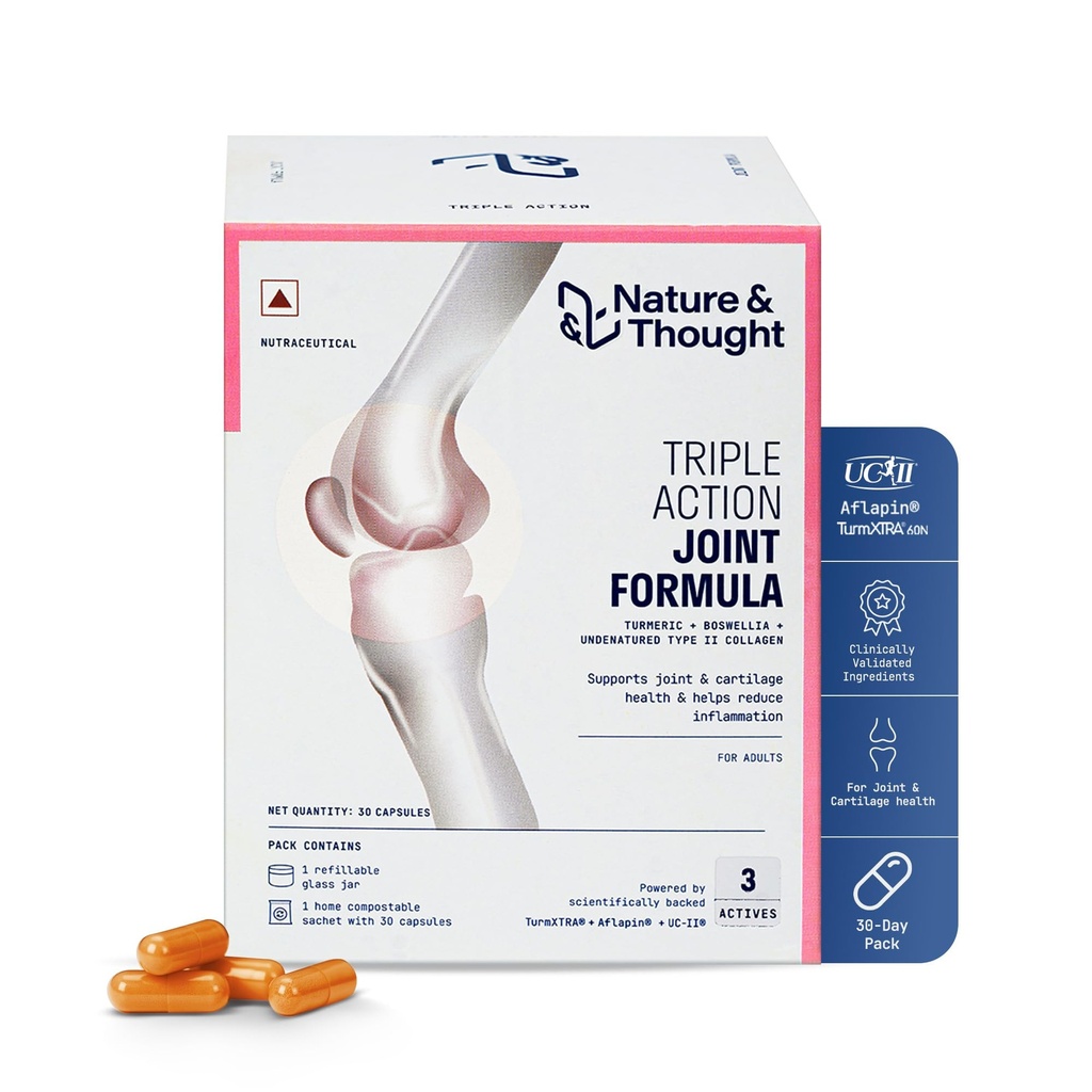 Nature & Thought Triple Action Joint Formula | Clinically Validated Ingredients | UC-II® Collagen, Aflapin® Boswellia & TurmXTRA® Curcumin | Joint, Muscle & Cartilage Support | 30N Capsules