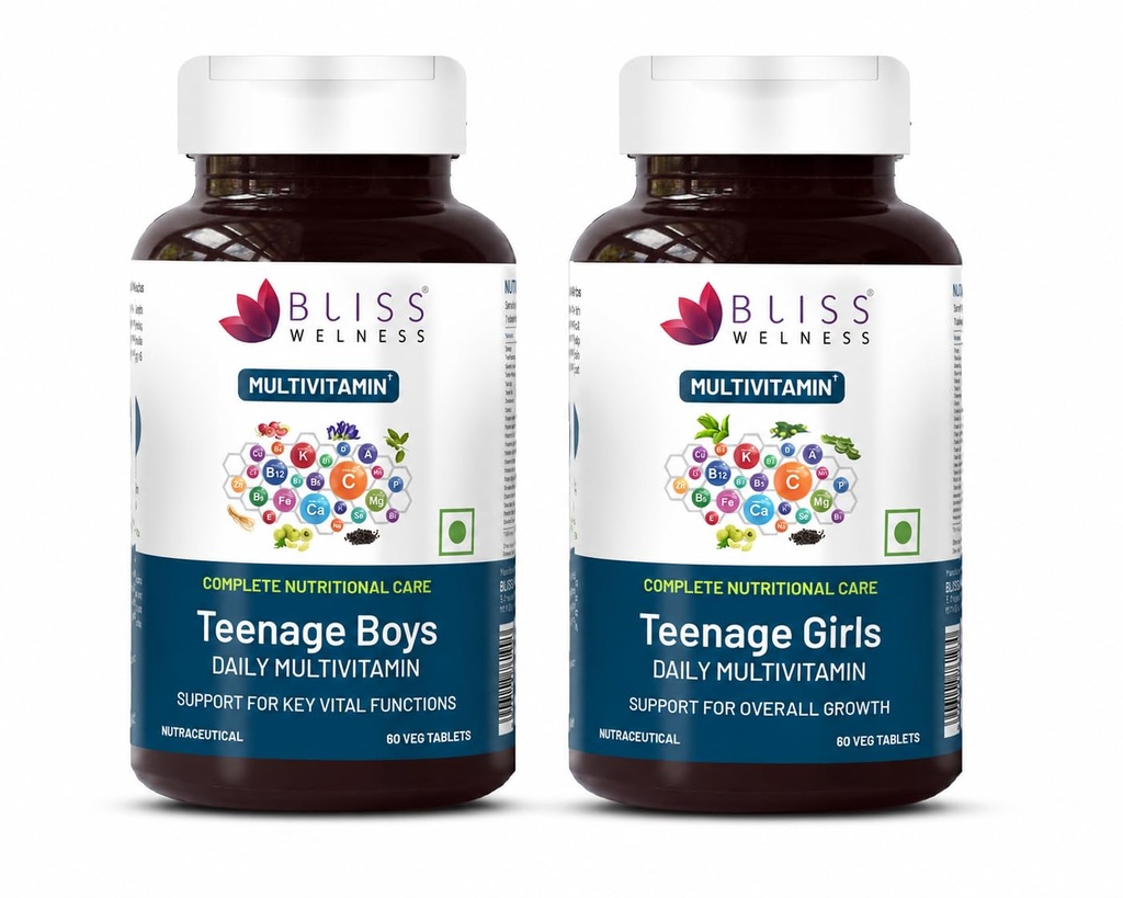 Bliss Welness Teenage Multivitamin Combo for Boys & Girls with Vitamins, Minerals, Calcium, Zinc, Brahmi & Ashwagandha for Immunity, Brain, Bone, Hair & Muscle Health | 60 Tabs Each