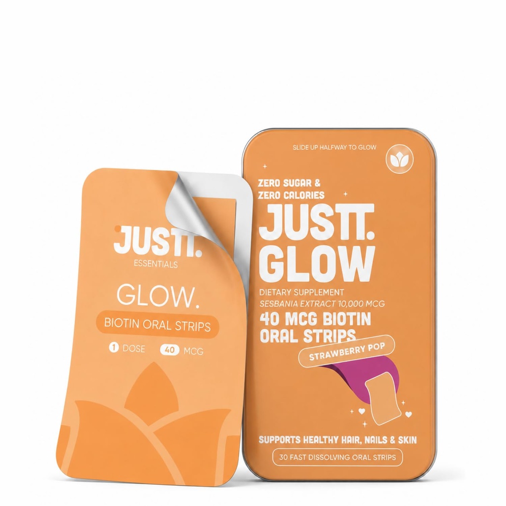 JUSTT ESSENTIALS Glow Biotin Oral Strips for Healthy Hair, Radiant Skin & Strong Nails | Pack of 1, 30 Days Pack | 10,000 mcg Sesbania Extract | Strawberry Pop Flavour | Sugar-Free Fast Dissolving Vegan Strips