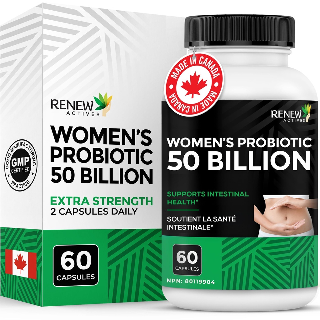RENOUVELLEMENT DES ACTIFS Probiotiques pour les femmes 50 milliards d'UFC par 2 capsules – Technologie MAKTREK, 4 souches probiotiques et mélange prébiotique – Soutient la digestion Santé et équilibre de la fleur de Gut– Fabriqué au Canada– 60 capsules