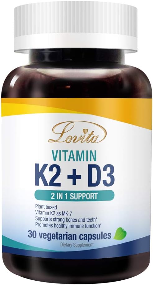 Lovita Vitamine K2 + D3, 400 IE Vegan Vitamine D3 & 120 mcg Vitamine K2 (MK-7), 2 in 1 Formule, Immuun Vitamine Complex, 30 Vegetarische Capsules