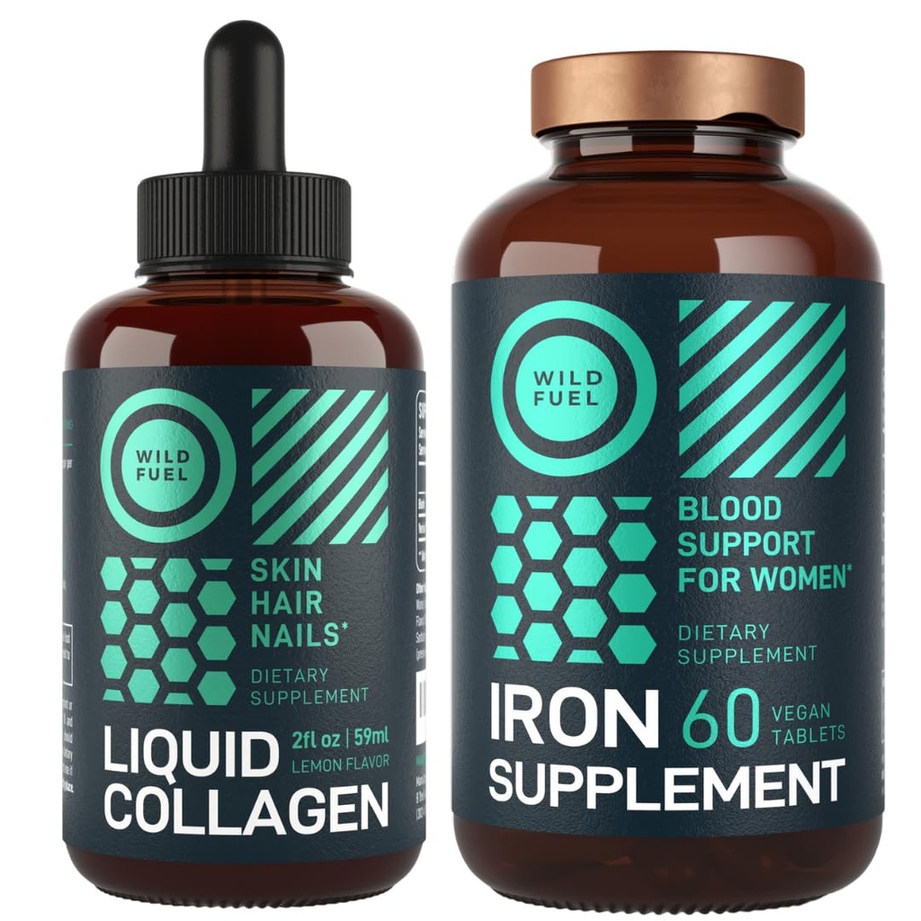 WILD BRANDSTOF IJzersupplement voor vrouwen met foliumzuur en vloeibare collagen Peptiden met Biotin Vrouwelijke Gezondheid en Beauty Bundle