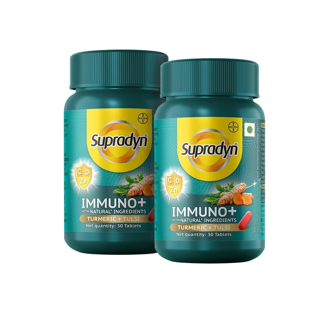 Supradyn Immuno +, Multivitamin, Natural immunity booster with Vit C, Vit D, Zinc, Unique blend of Tulsi, Turmeric, Shatavari & Ashoka (60 Tabs)