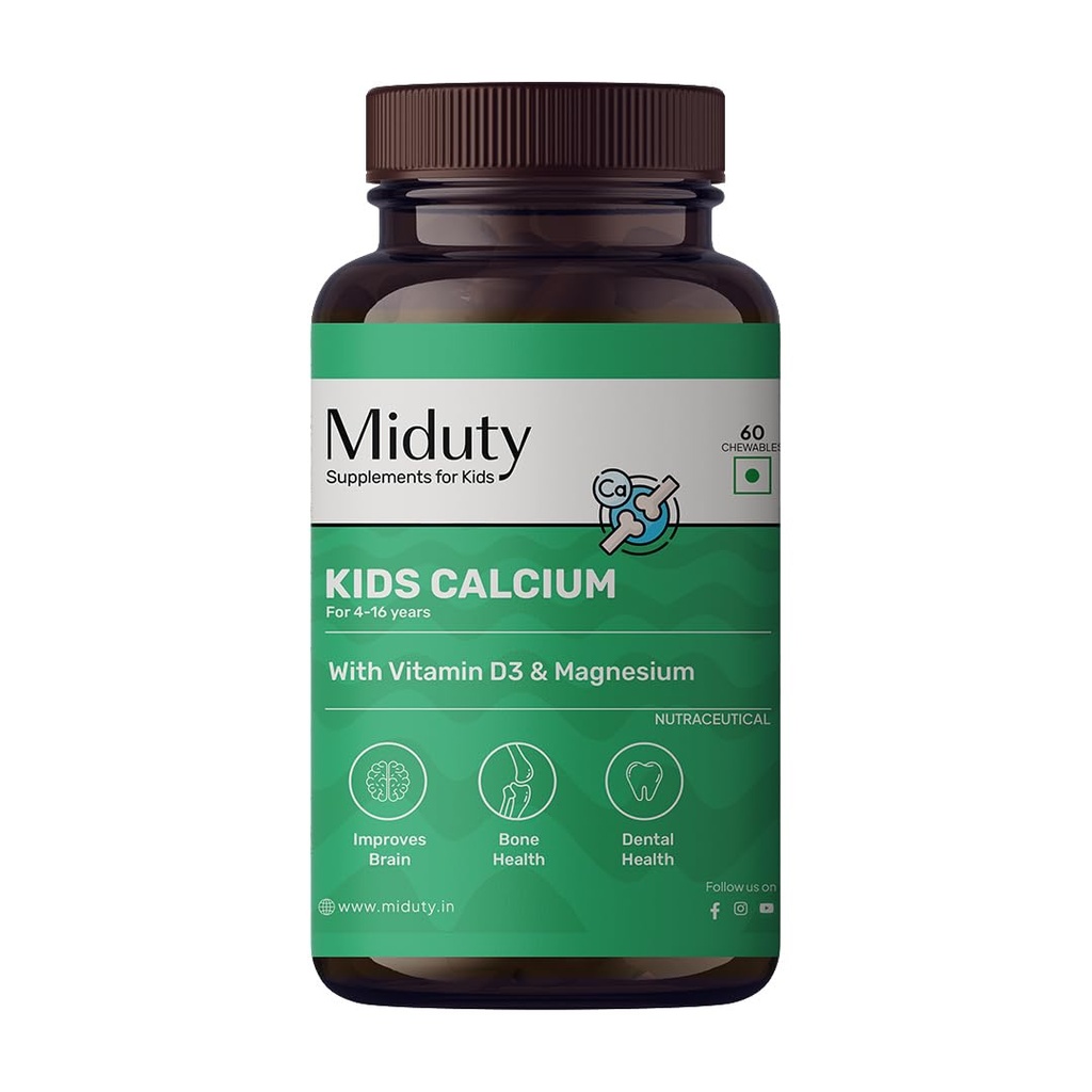 Miduty Kids Calcium - Vitamin D3, K2 & Magnesium - Strong Bones & Teeth - Mint-Flavored, Sugar-Free Calcium Supplement for Active & Picky Eaters - 60 Chewables