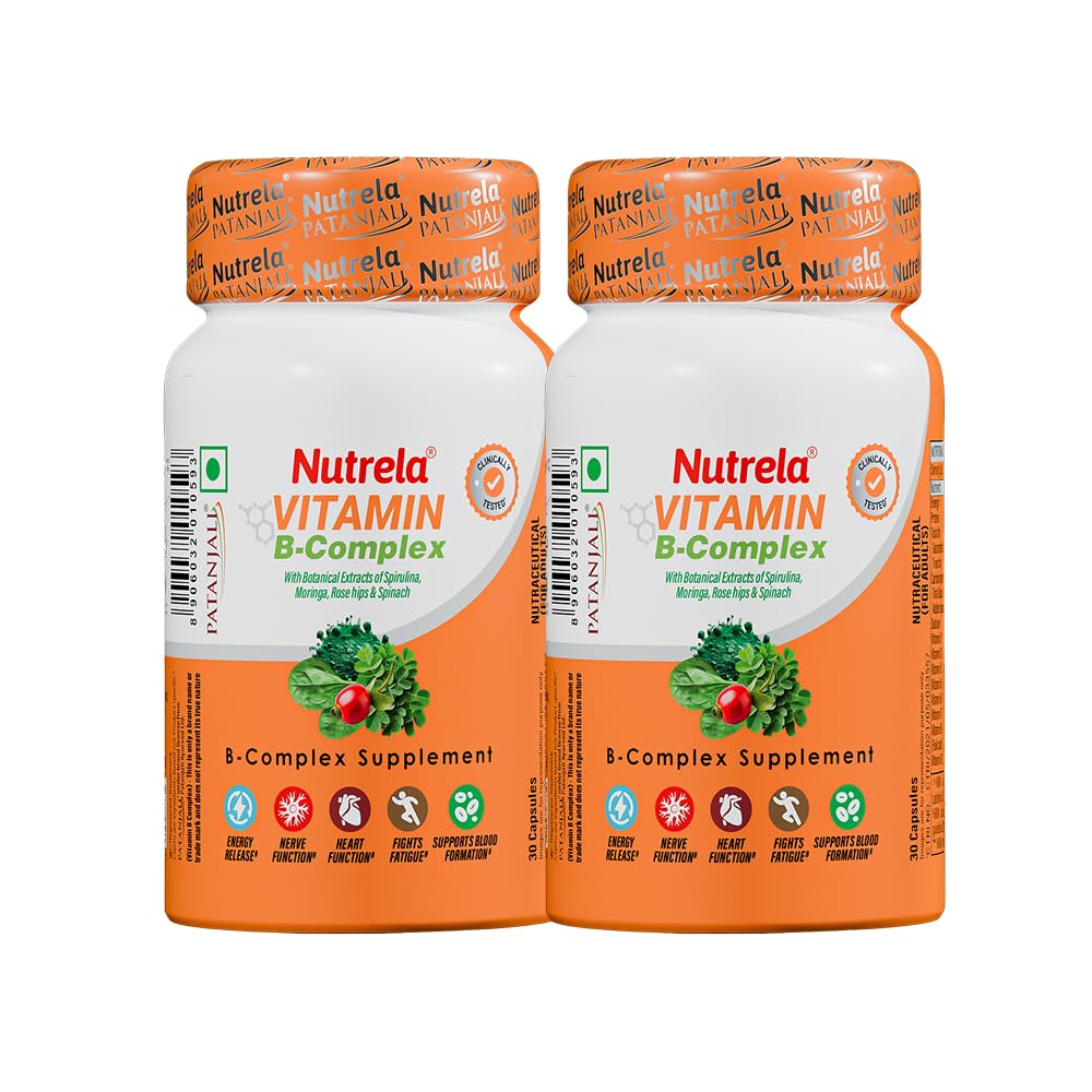 Nutrela B Complex with B1, B2, B3, B5, B6, B7, B9, & Vitamin B12 for Men & Women | Vitamins, Moringa and Spirulina for Energy, Gut, Immunity & Brain Health - 30 Veg Capsules (Pack of 2)