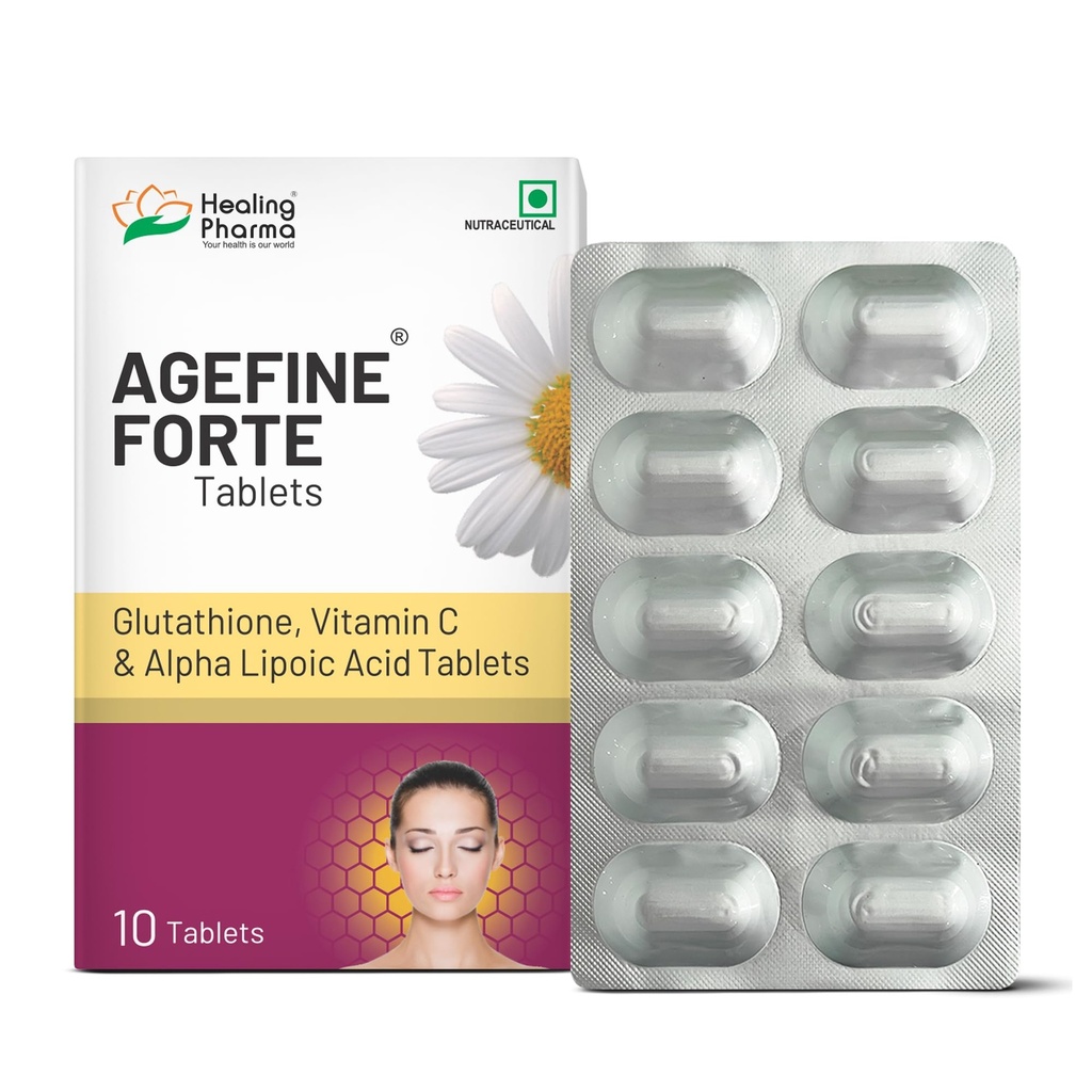Healing Pharma - Agefine Forte Glutathione Tablets with Vitamin C & Alpha Lipoic Acid | Antioxidant Supplement for Skin Glow, Even Tone & Anti-Aging | 10 Tablets