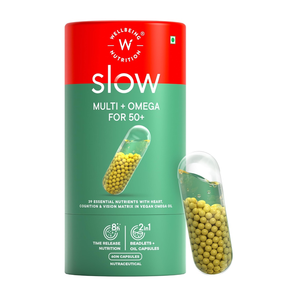 Wellbeing Nutrition Slow Multivitamin + Omega 3 for Men & Women, Adult 50+ | B-Complex, Coq10, Vitamin D3, C, Zinc, Calcium + 40 Nutrients | Energy, Immunity, Joint, Heart & Memory, 60 Veg Capsules