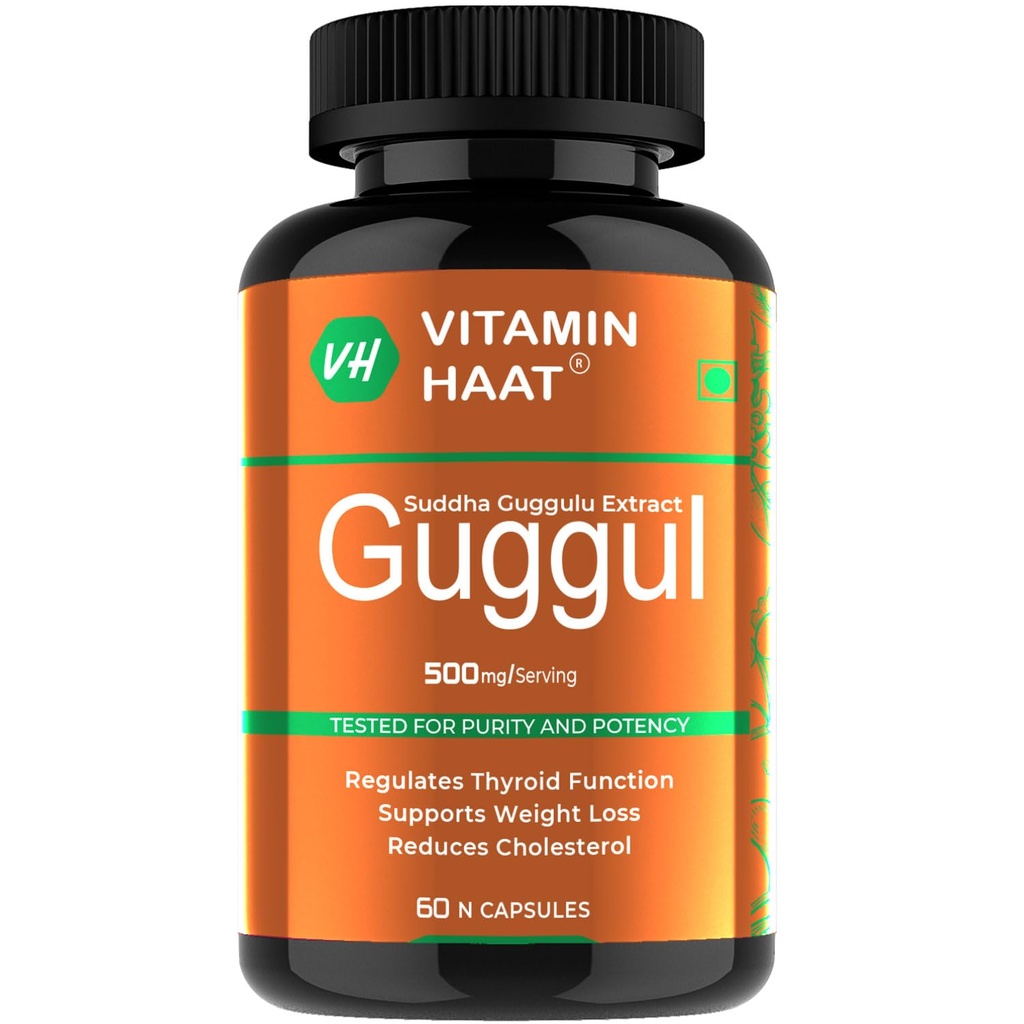Guggul Extract 500mg (Suddha Medohar Guggulu) | Thyroid Support, Healthy Cholesterol, Weight Loss Management & Detox | Pure Resin Extract | 60 Capsules by VitaminHaat