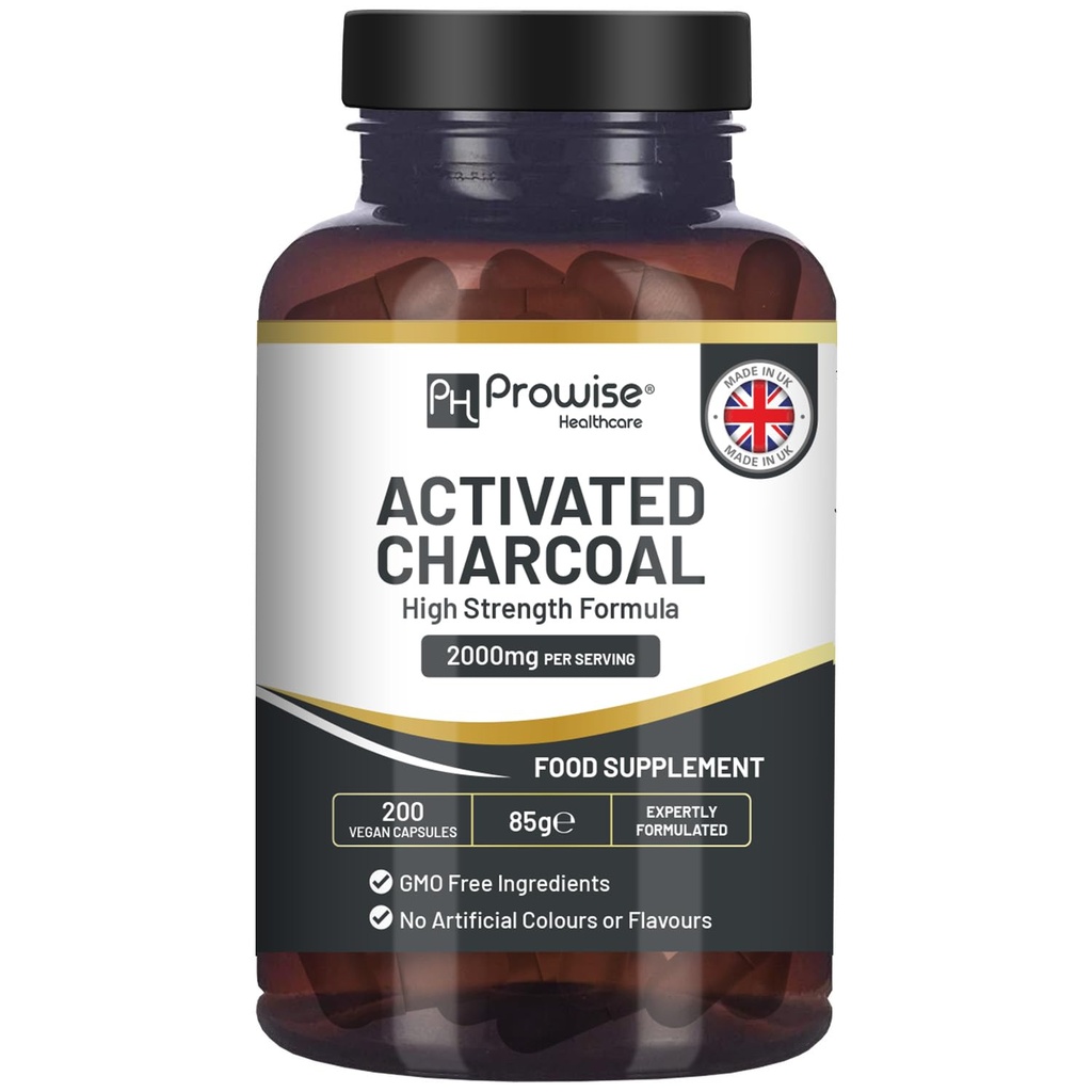 Capsules de charbon activés - 200 capsules véganes haute résistance - 2000mg par portion J'ai fabriqué au Royaume-Uni par Prowise Healthcare