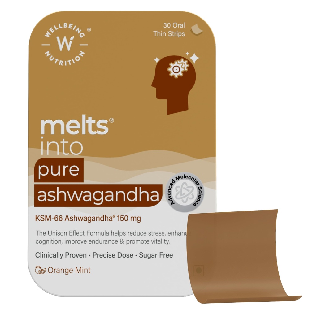 Wellbeing Nutrition Melts Pure Ashwagandha | Clinically Proven Organic KSM-66 Ashwagandha Natural Stress & Anxiety Relief | Extra Strength | For Vitality, Strength, Energy & Stamina, 30 Oral Strips