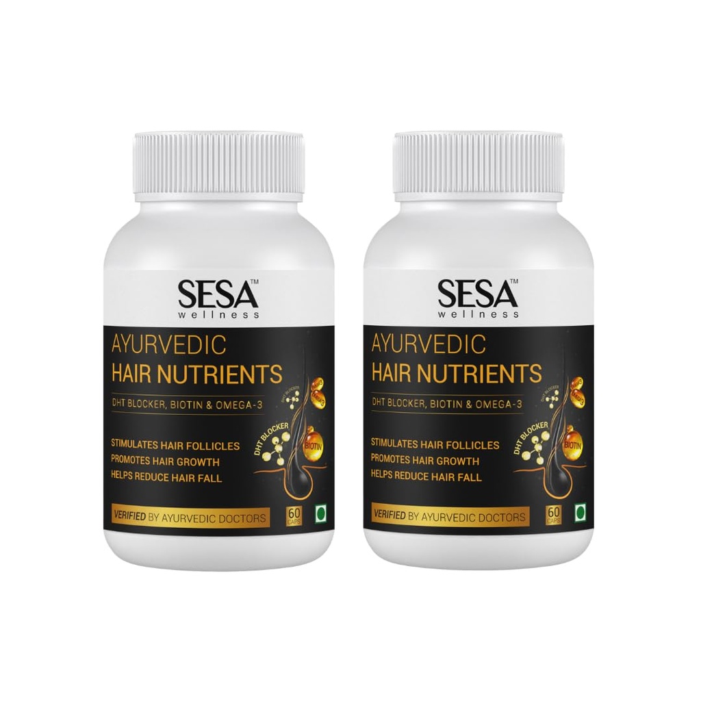 SESA Ayurvedic Hair Vitamins Biotin Tablets DHT Blocker 60 Capsules (Pack of 2) Plant based Gluten free Nutrients With Omega-3 & Flaxseeds | Controls Hair Fall & Stimulates Follicles | 100% Veg