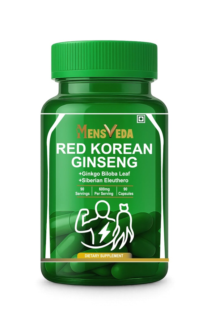 Red Korean Ginseng 600mg Supplement with Ginkgo Biloba & Siberian Eleuthero | Energy, Stamina & Focus Support Capsules | 90 Veg Capsules Dietary Supplement