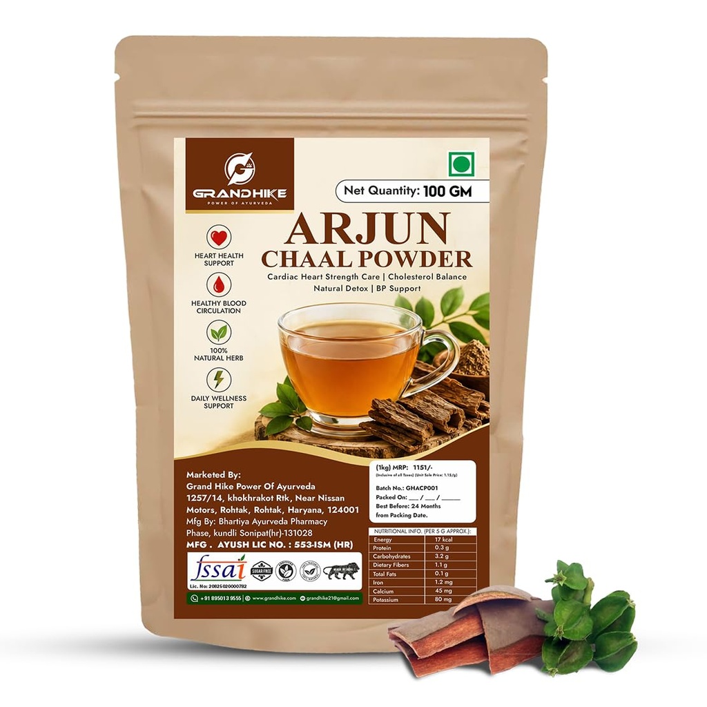 Grandhike Organic Arjun ki Chaal Powder for Cholesterol, Heart Health, BP Care Supplements & Herbal Tea | Pure Arjuna Bark Powder अर्जुन की छाल 100g (1)