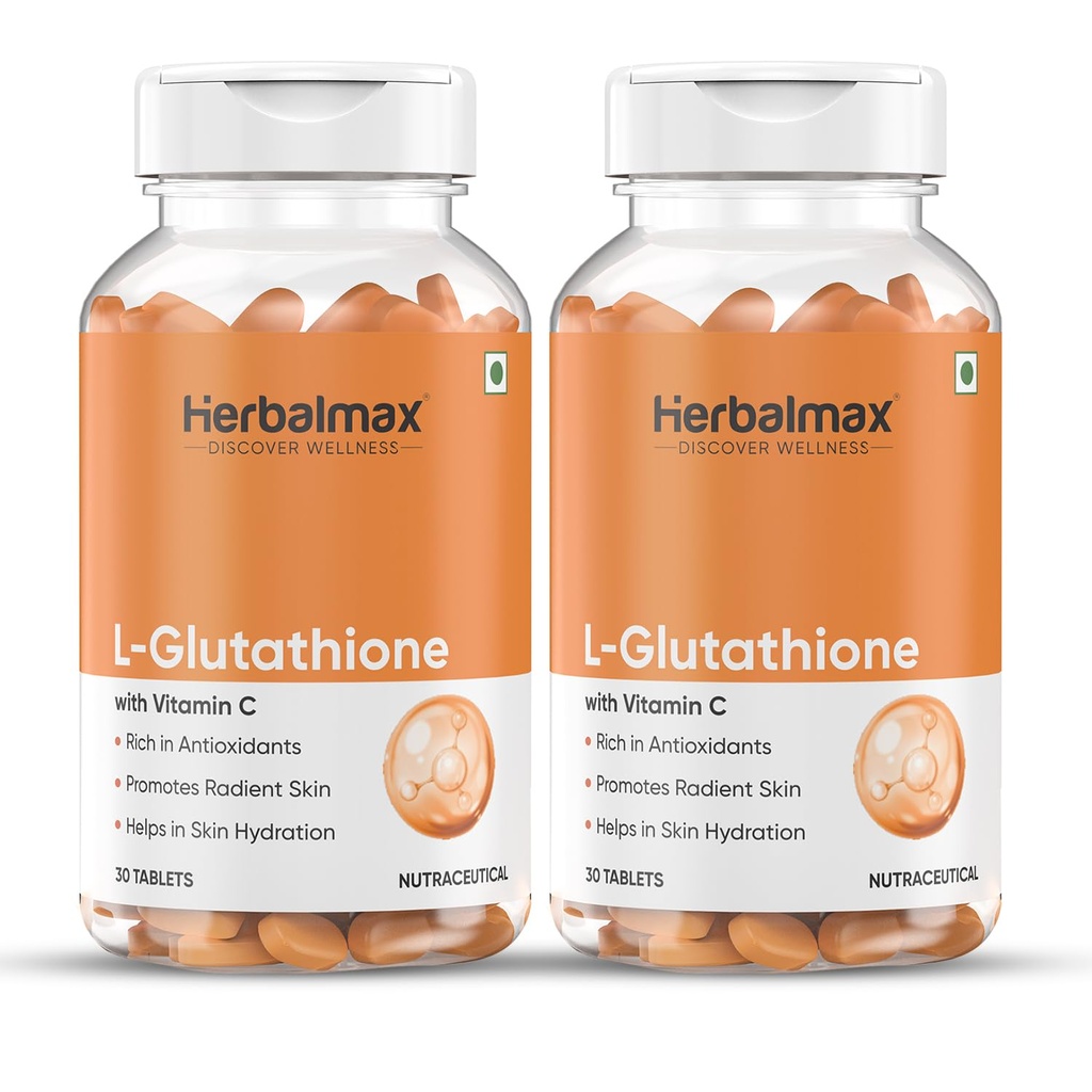 Herbalmax L-Glutathione with Vitamin C Tablets for Skin Whitening, Brightening & Fairness | Powerful Antioxidant & Immunity Booster | Natural Detox & Radiance Support - Pack of 2 (30 Tablets Each)