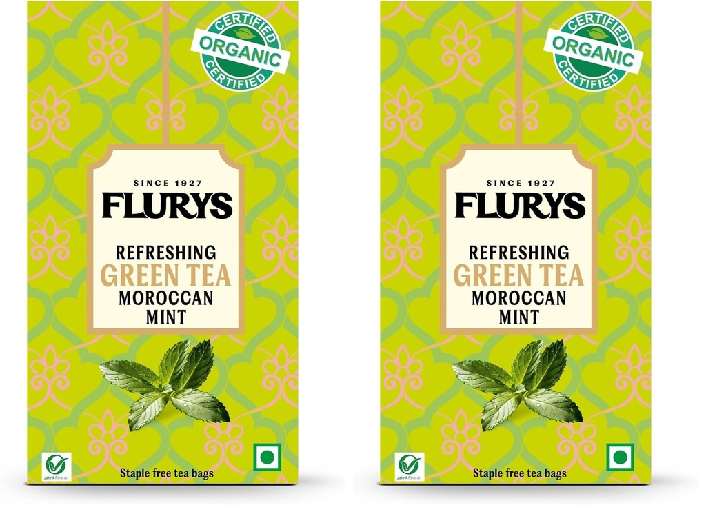 Flurys Green Tea Moroccan Mint | Premium Mint Green Tea Bags | Refreshing & Cooling Blend | 100% Natural Ingredients | 25 Tea Bags (Pack of 2)