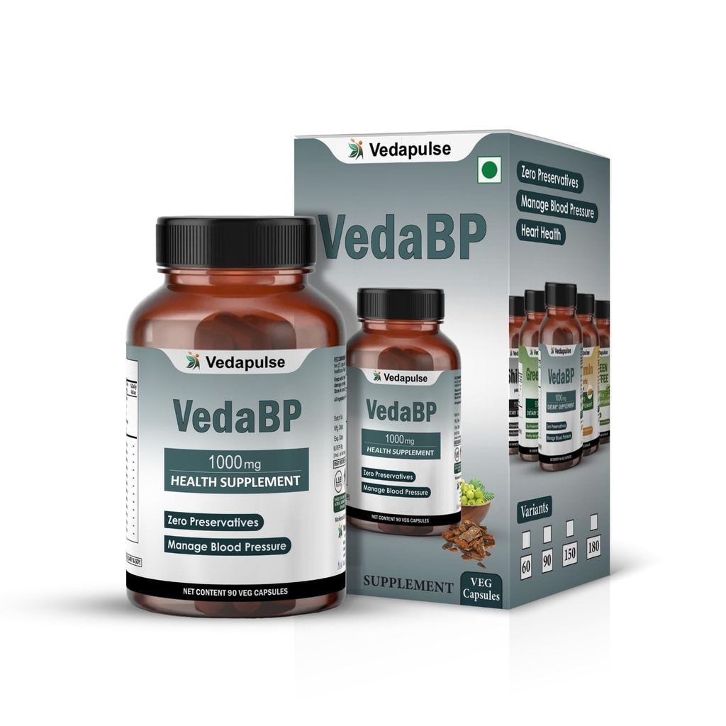 VedaBP - Ayurvedic Blood Pressure Support | 1000mg Blend with Arjuna, Sarpagandha, Ashwagandha, Garlic & More | 90 Veg Capsules