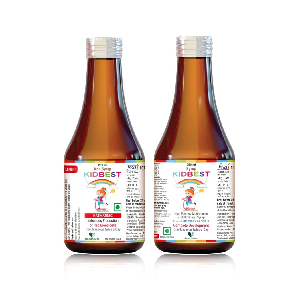 HealthBest Kids Multivitamin & Multimineral (200ml) & Kids Iron Haematinic Syrup (200ml) for 3-13 Years | Combo Set