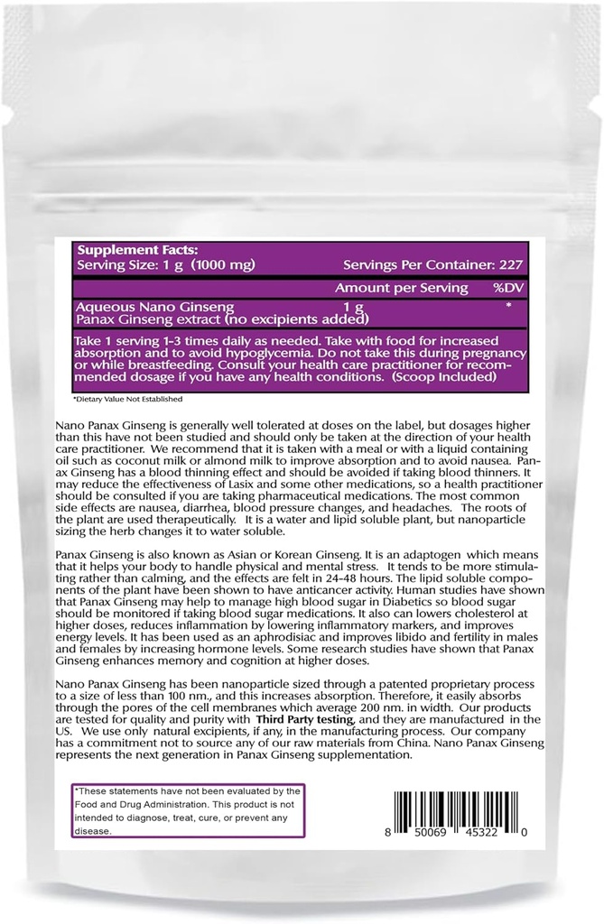 One Planet Nutrition Nano Panax Ginseng Powder 8 oz (227 Servings), Korean Ginseng Extract, Nano for Enhanced Absorptie, Boosts Energy & Stamina, Non-GMO, Vegan, Glutenvrij