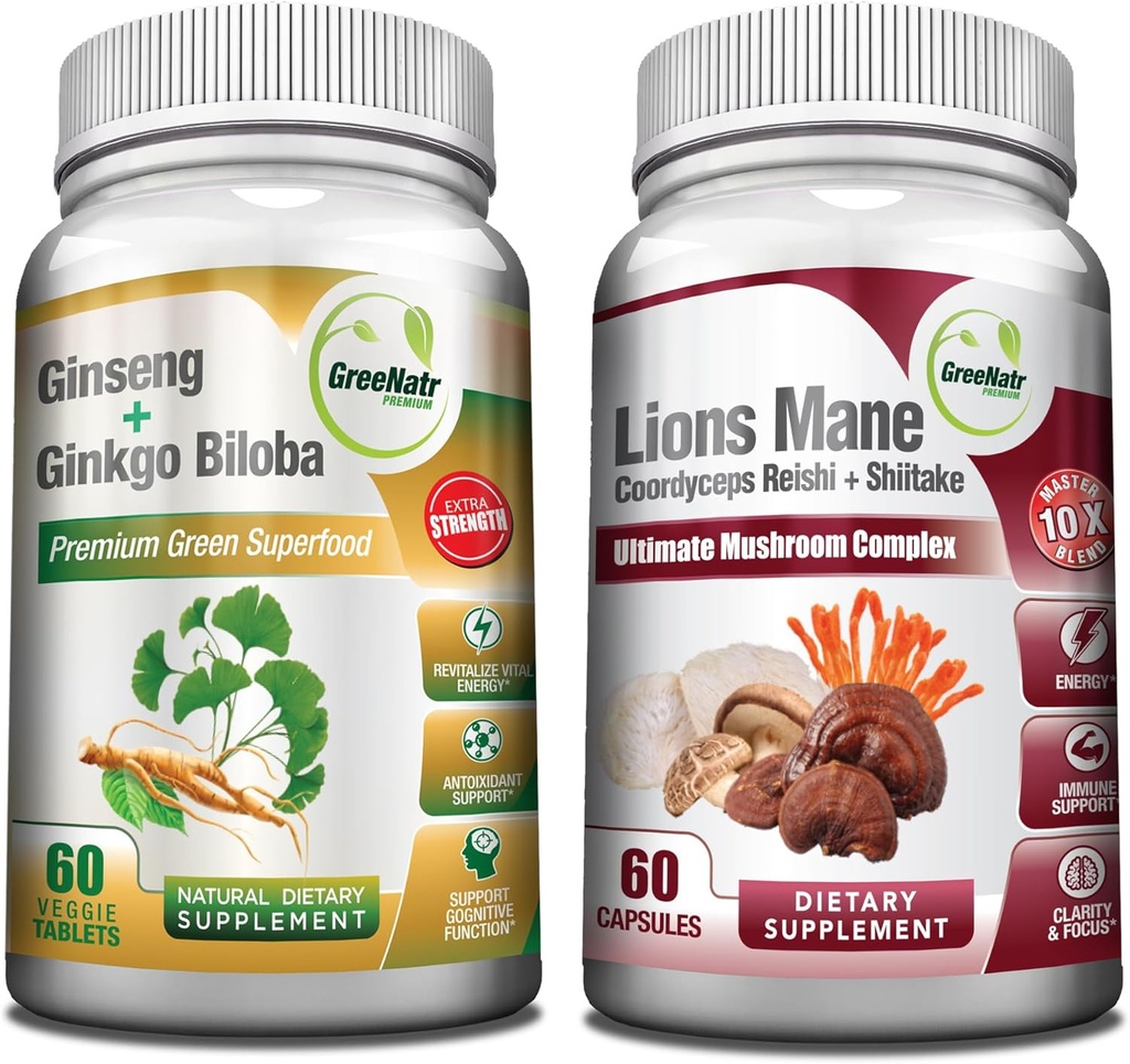 GreeNatr Mushroom Supplement, 10-in-1 Blend met Lions Mane, Cordyceps, Shiitake, Chaga, Turkey Tail, gecombineerd met onze energie en hersenen Focus natuurlijke Booster van Ginseng Root en Ginkgo Biloba
