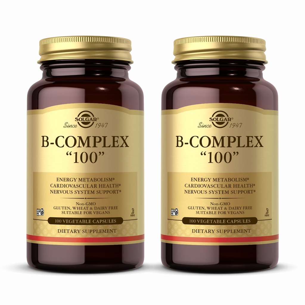 Solgar B-Complex 100" - 100 plantaardige capsules, Verpakking van 2 - Energiemetabolisme, ondersteuning van het zenuwstelsel - Non-GMO, Veganistisch, Glutenvrij - 200 Totaal porties