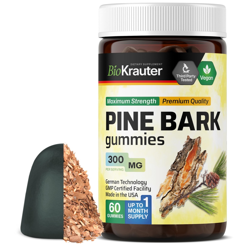 BIO KRAUTER Extract Pine Bark Gummies - 300 mg Strength - 60 Vegan Chews - French Maritime Pine Bark Extract - Supplément antioxydant - 95% Proanthocyanidines - Formule à base de pectine