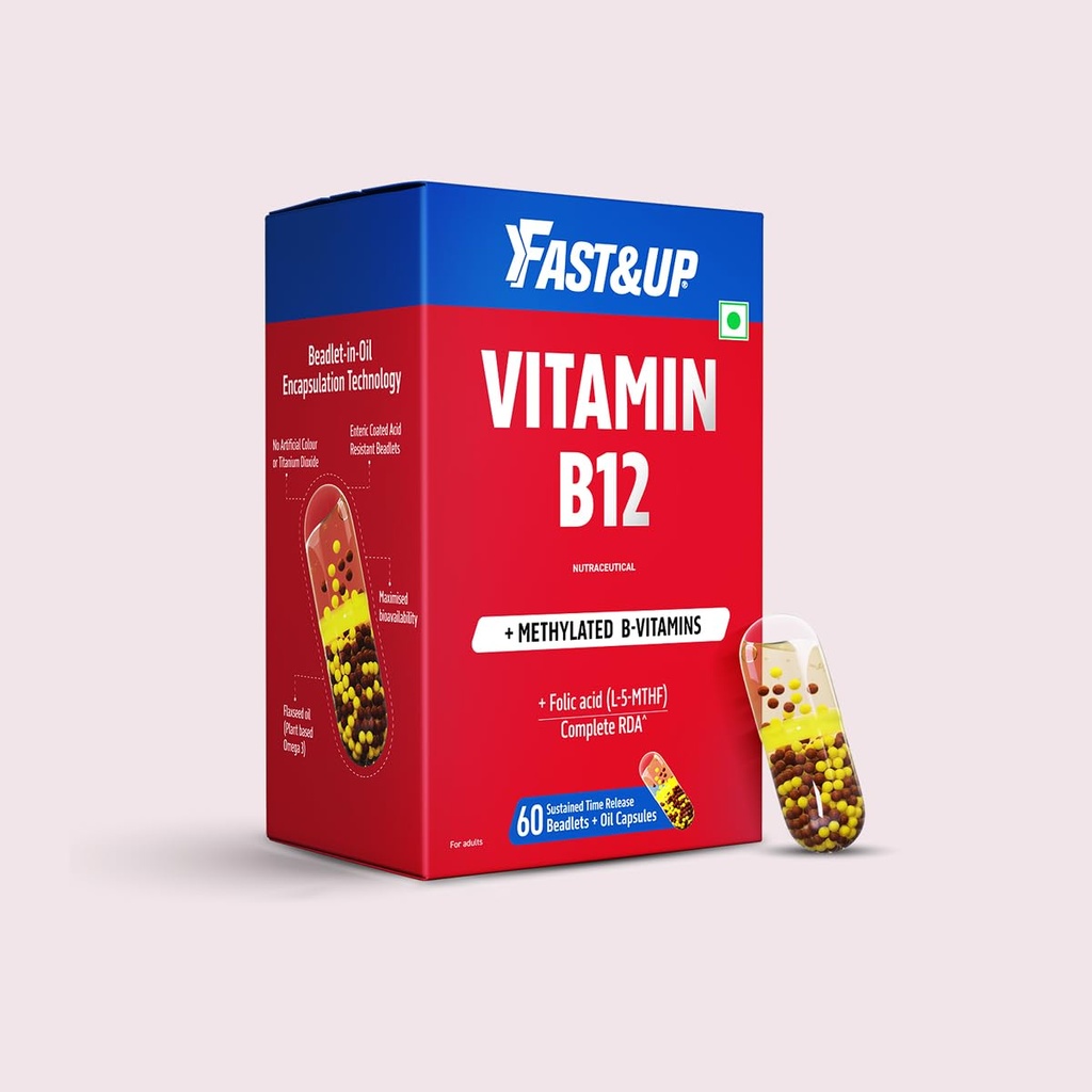 Fast&Up Methylated Vitamin B12 + B-Complex 100% RDA with Folic Acid (L-5-MTHF) & Vegan Omega-3 from Flaxseed Oil | 100% RDA | Sustained Release Beadlet-in-Oil Capsules - 60 Capsules