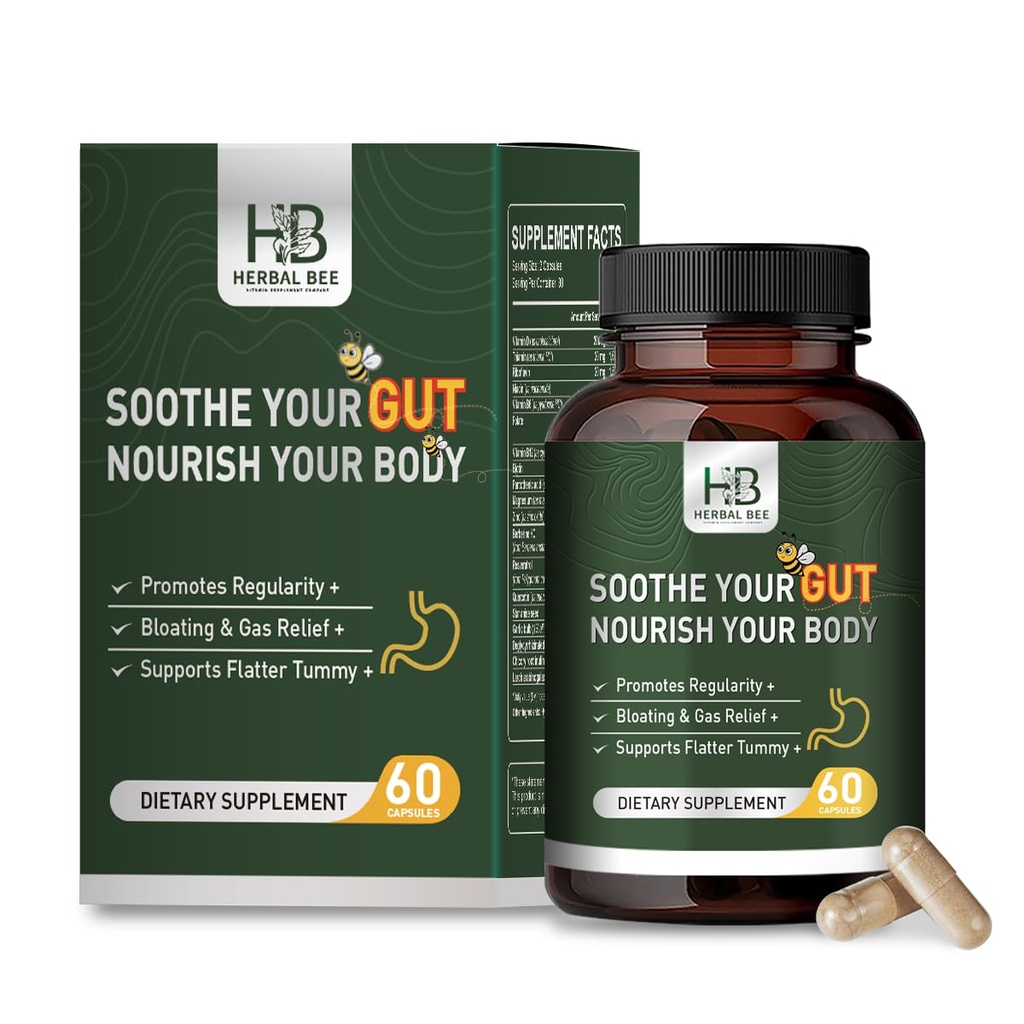 Herbal BEE Gut Health - Gas en opgeblazen gevoel Verlichting, Constipatie, Leaky Gut Repair - Gut Cleanse & Restore Digestie - Promote Regularity, Colon Cleanser, 60 Capsules