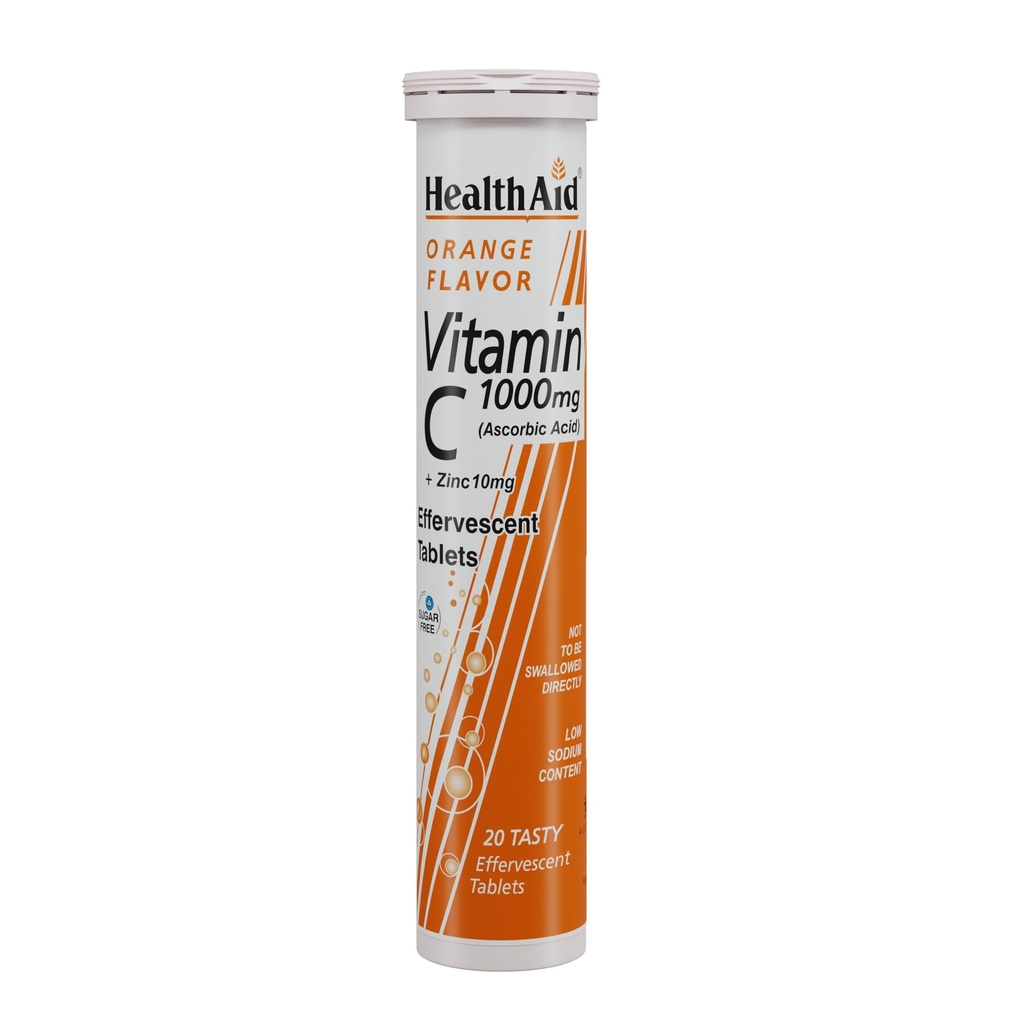HealthAid Vitamin C with Zinc – 20 Effervescent Tablets | Immunity, Skin & Energy Support | Sugar-Free | Orange Flavor