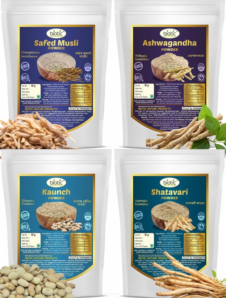 Biotic Safed Musli, Ashwagandha, Shatavari & Kaunch Seed Powder - 200gms (50gms each)