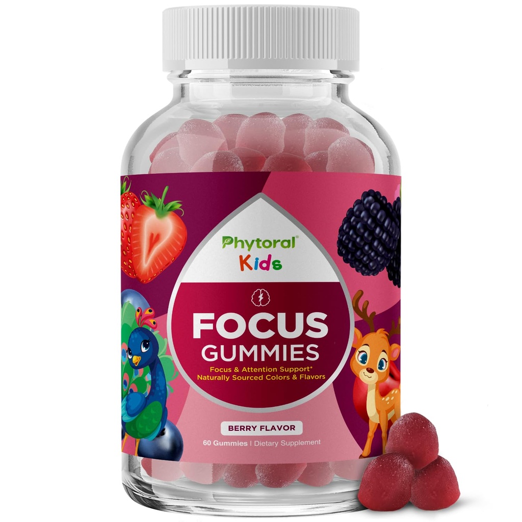 Fytoral Vegan Kids Focus Gummies - Krachtige Kauwbare Hersenondersteuning voor kinderen - Verbetert de concentratie en het geheugen - Kalmerende Supplementen & Focus Gummies voor kinderen - Niet-GMO & Glutenvrije - 60 Tel.
