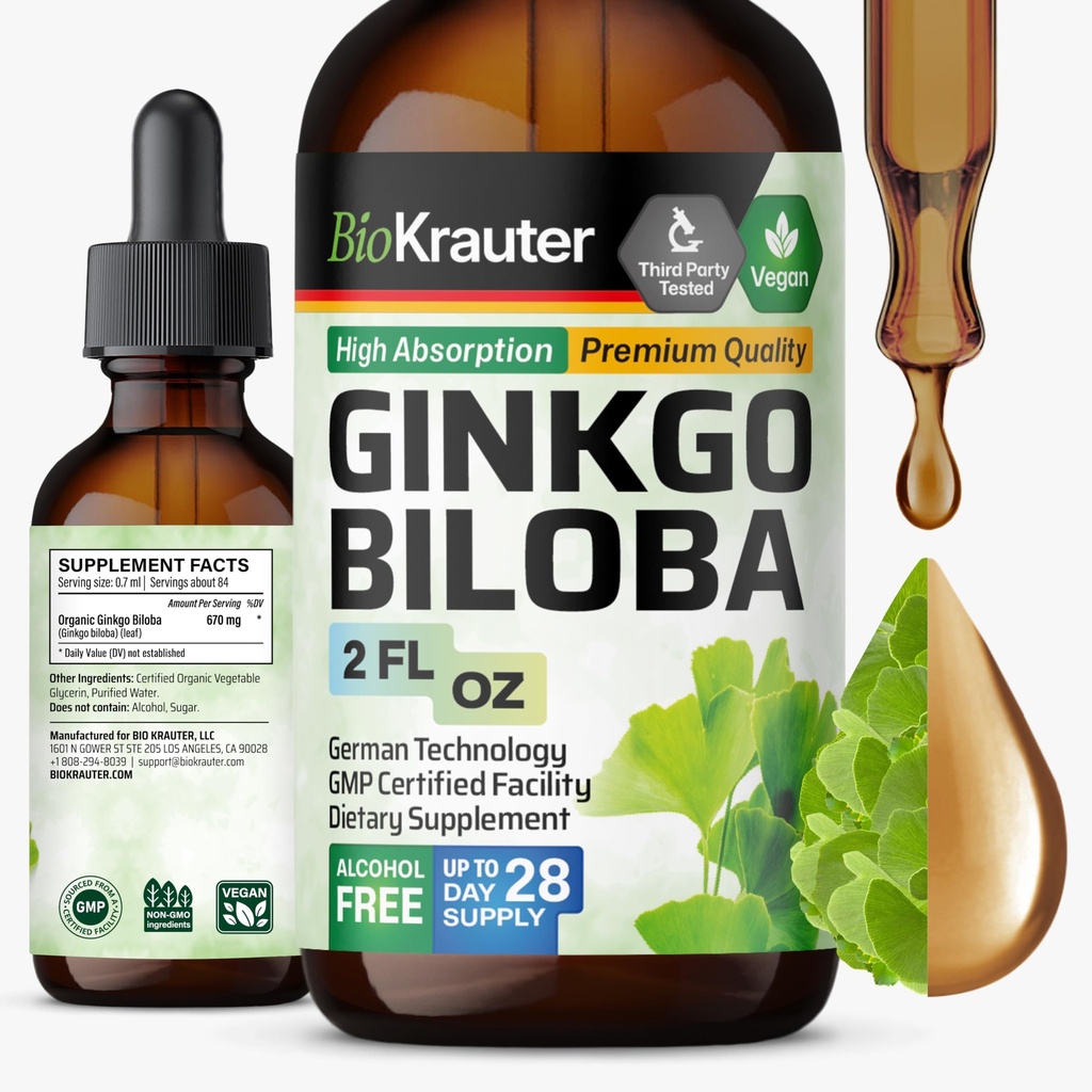 BIO KRAUTER Ginkgo Biloba Extract - vloeibare Ginkgo Biloba Supplementen voor hersenen - Veganistisch, Alcohol en Suikervrij - 2 Fl Oz