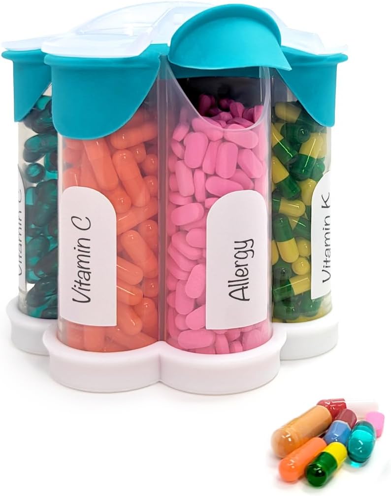 Extra grote pil Organizer dagelijks, wekelijks, maandelijkse supplement fles, schattige Blossom pil Dispenser met 7 XL Compartments, Easy-Open pil Box voor vitamines, medicijnen, etiketten inbegrepen (Teal)