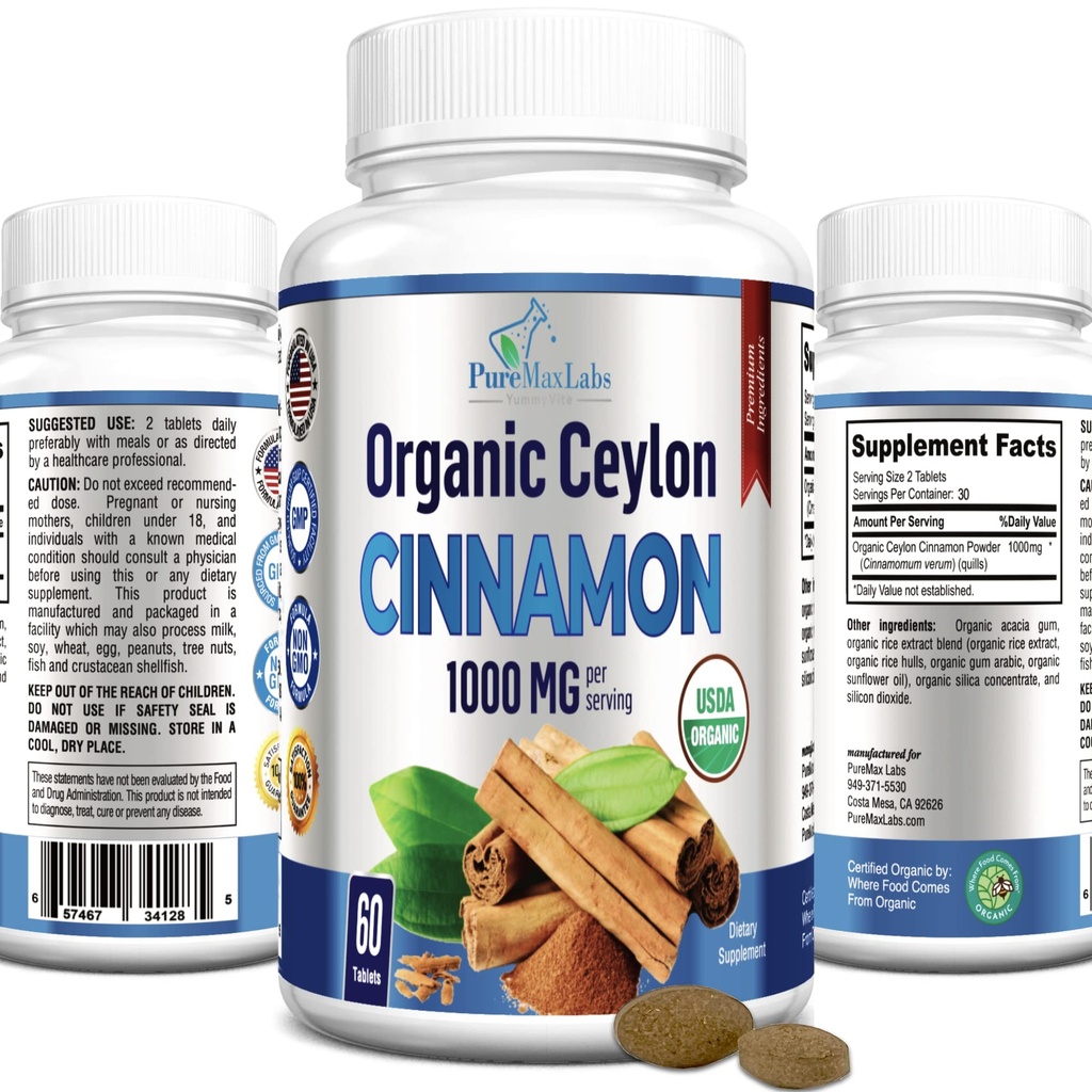 Cinnamon biologique Ceylan - 1000mg par portion, supplément de cannelle biologique véritable certifié, antioxydant, absorption rapide - 60 comprimés