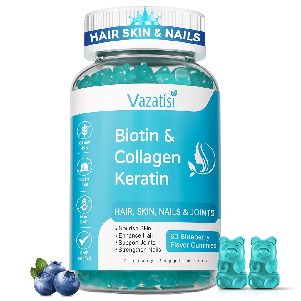 Biotin Gummies met collagen & Keratine voor haar huid Nails- Ondersteunt haargroei en sterkere nagels, vrouwen mannen, kinderen - 60 Blueberry Flavored Gummies
