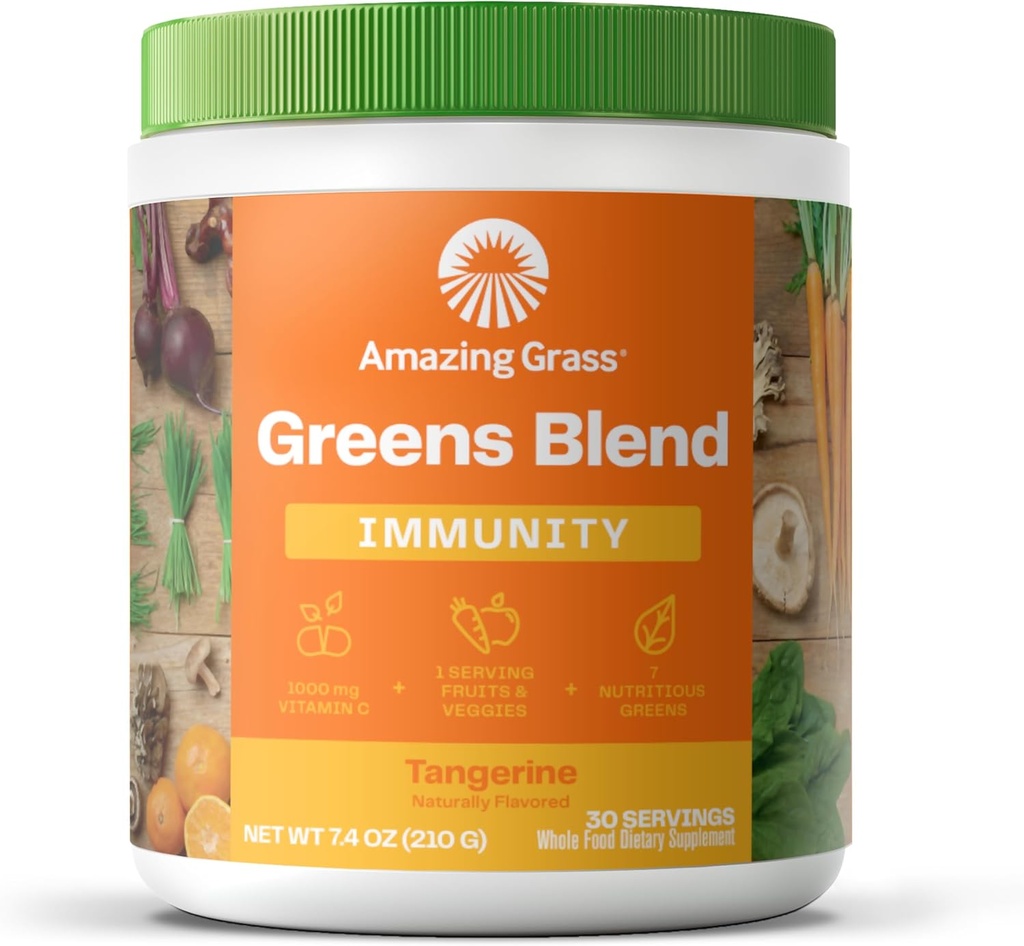 Immunité incroyable de la superalimentation verte de l'herbe: Super Greens poudre avec vitamine C, Cordyceps, poudre de racine de betterave et champignons Reishi, Tangerine, 30 portions