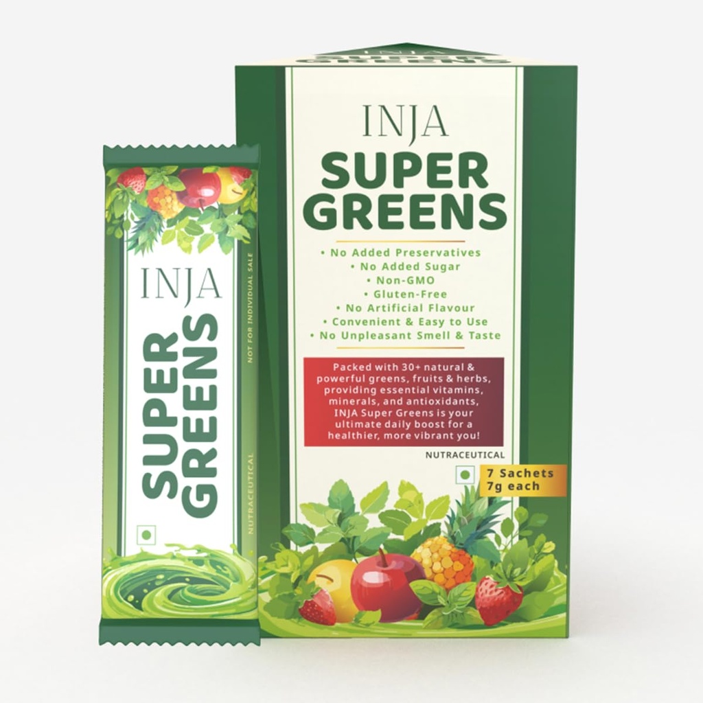 INJA Super Greens - Complete Daily Greens for Men & Women, 40+ Vitamins, Minerals Superfoods, Adaptogens & Antioxidants for Immunity, Energy, Detox, Gut Health, 7 Sachets