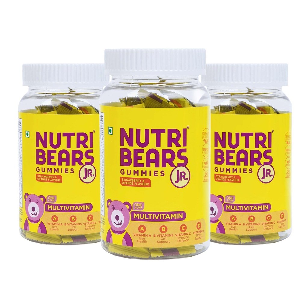 NutriBears Kids Multivitamin Gummies | 12 Essential Nutrients | No Artificial Colours or Sweeteners | Low Sugar | Immunity, Growth & Brain Development | Age 2-12 | Strawberry & Orange | 90 Gummy Bears