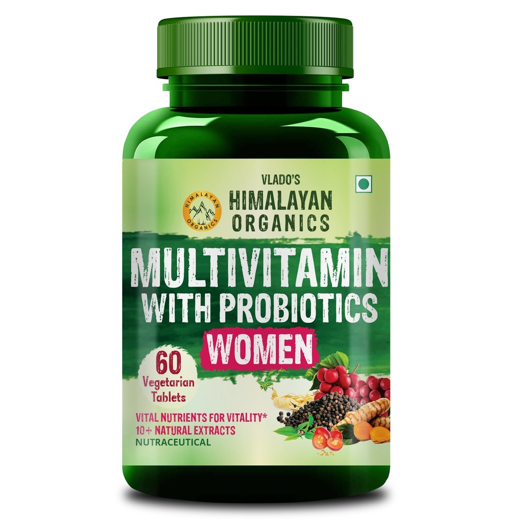 Vlado’s Himalayan Organics Multivitamin With Probiotics Supplement For Women With 60+ Essential Ingredients | Multiminerals For Immunity and Energy, Hair, Skin & Bone Support - 60 Veg Tablets