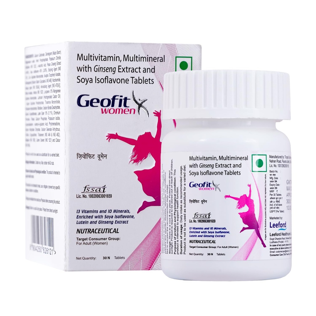 Geofit Multivitamin Tablets for Women | With Vitamin C, B3, E, D2, Isoflavone, Ginseng Ext. & 10 Mineral Blend | For Daily Energy, Immunity & Metabolism Support 30 Tablets