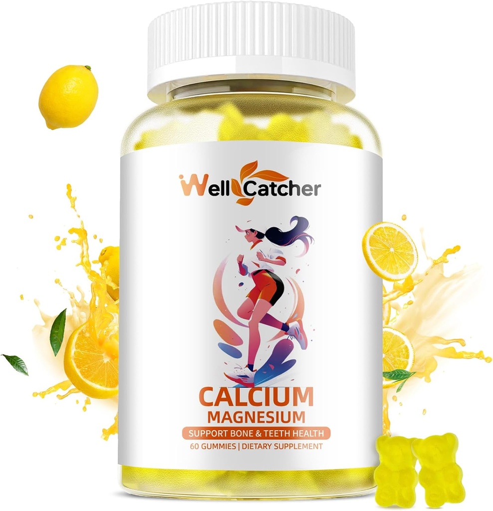 Calcium Magnesium Gummies Volwassenen Kids - Suikervrij Kauwbare Vegan Algen Calcium Supplementen voor Vrouwen Mannen ondersteunen Plus Bone Strength met Zink Kalium Vitamine D3 K2 Lemon Flavor 60CT