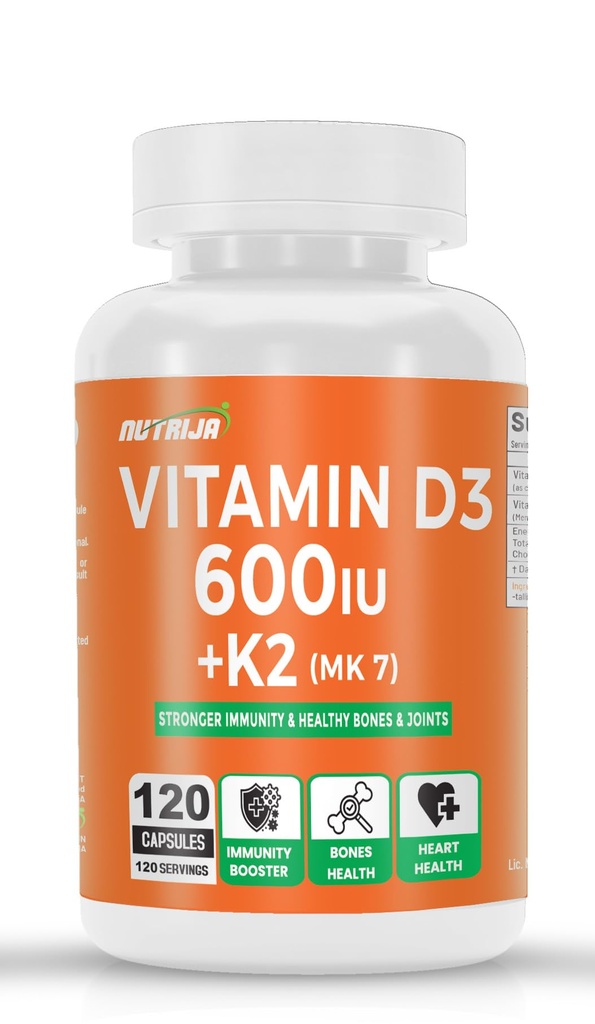 NutriJa Vitamin D3 600IU + K2 55mcg as MK7 Supplement 120 capsules - Stronger Immunity, Supports Bones, Joints & Heart Health