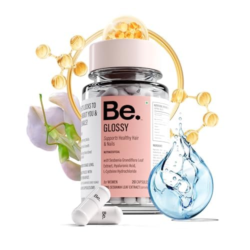 Be. Glossy Hair Supplements for Women | Biotin Tablets for Hair Growth & Nail Strength with Hyaluronic Acid, Vitamin E, Vitamin B12 Tablets & L-Cysteine | Hair & Nail Vitamins | 30 Day Supply | 60 Capsules