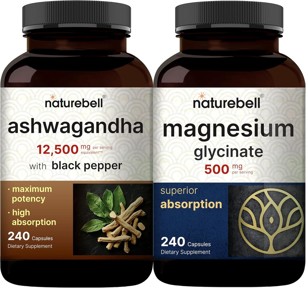 NatureBell Magnesium Glycinate Capsules 500mg & Ashwagandha 12.500 mg Equivalent met Black Pepper Bundle Pack 