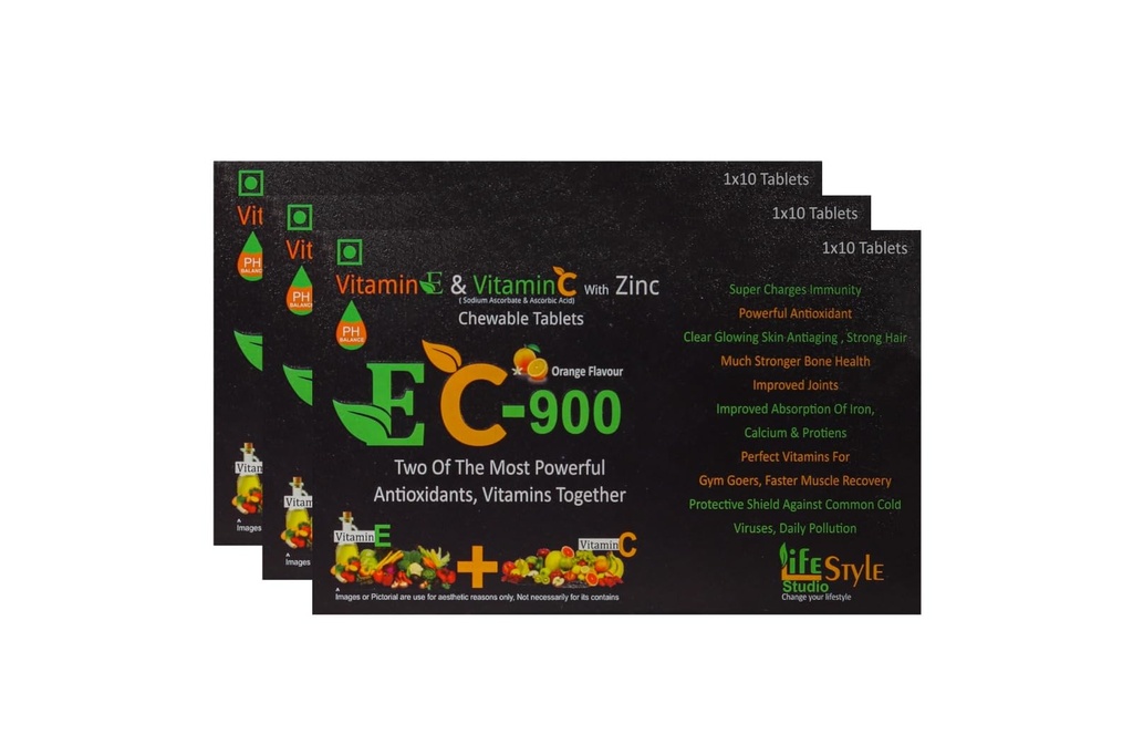 EC-900 | PH Balance Tablets with Vitamin C, Vitamin E & Zinc | Powerful Antioxidant Formula for Immunity, Skin, Hair & Bone Health | Orange Flavour | 500mg Total Vitamin Power (3)